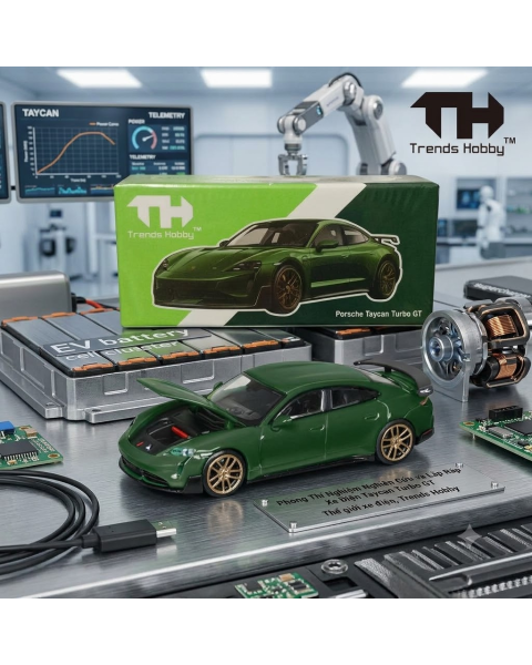 Mô Hình Xe Trends Hobby 1/64 Porsche Taycan Turbo GT Dark Green Mở Capo Chính Hãng